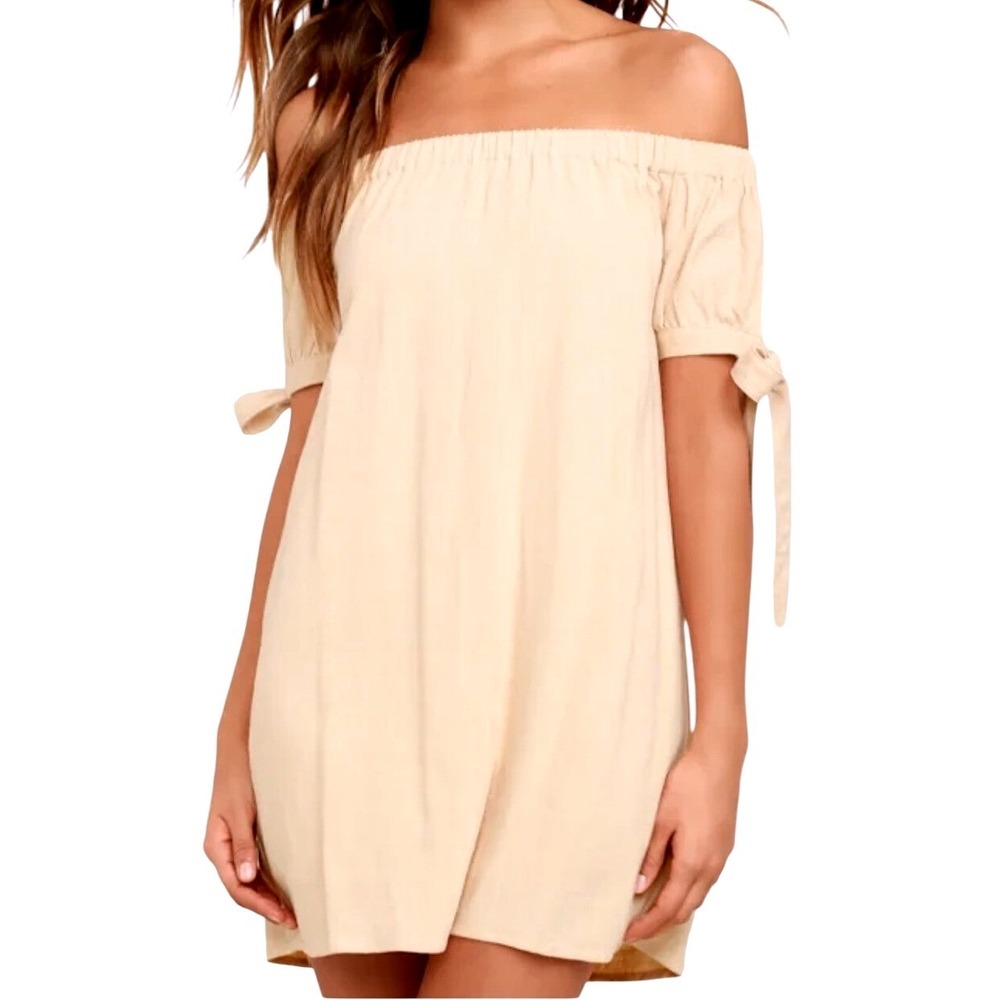 NWT Lulus Al Fresco Evenings Beige‎ Off-the-Shoulder Tie Sleeve Shift Dress M